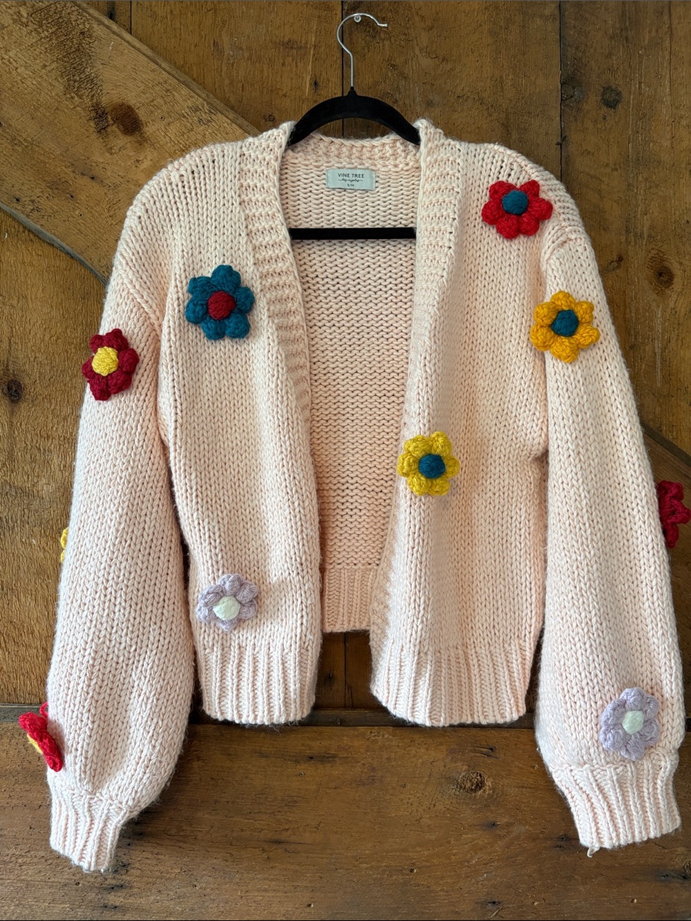 Vine Tree Pink Cropped Floral Applique Cardigan Sweater S/M T3093